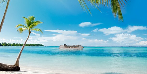 A cruise ship on turquoise waters near a tropical beach with palm trees | MSC Cruises A cruise ship on turquoise waters near a tropical beach with palm trees | MSC Cruises