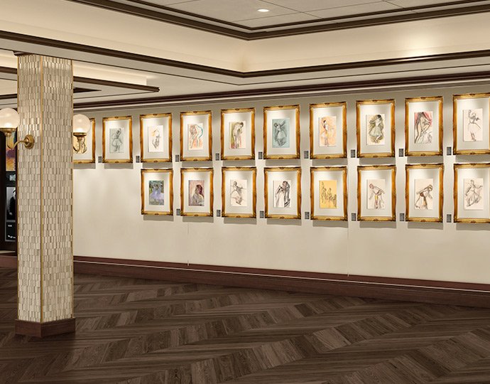 An onboard art gallery featuring framed sketches and paintings | MSC Cruises