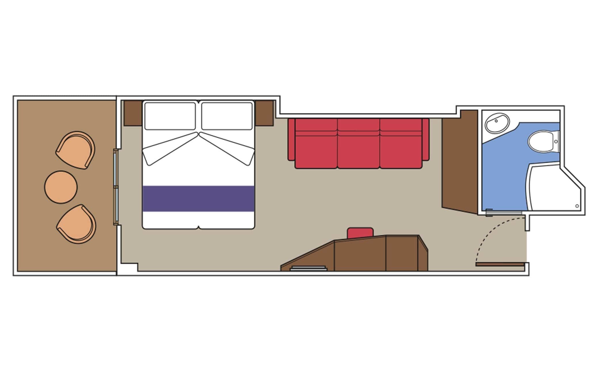 Floor plan of a cruise ship cabin with bed, sofa, bathroom, and balcony seating area | MSC Cruises