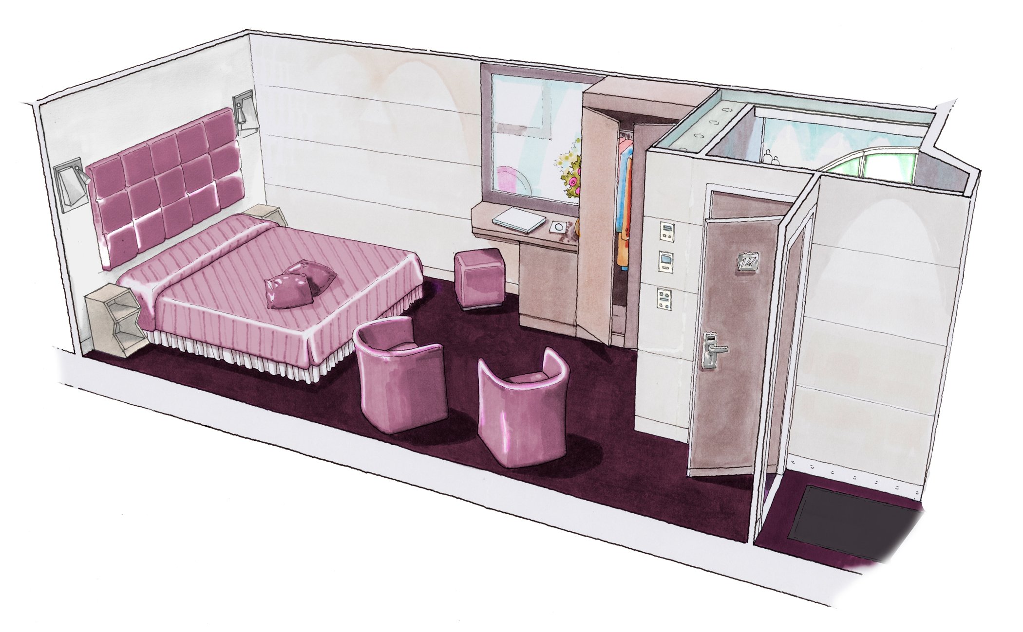 Illustration of a modern cruise ship cabin with a double bed, seating area, and wardrobe | MSC Cruises