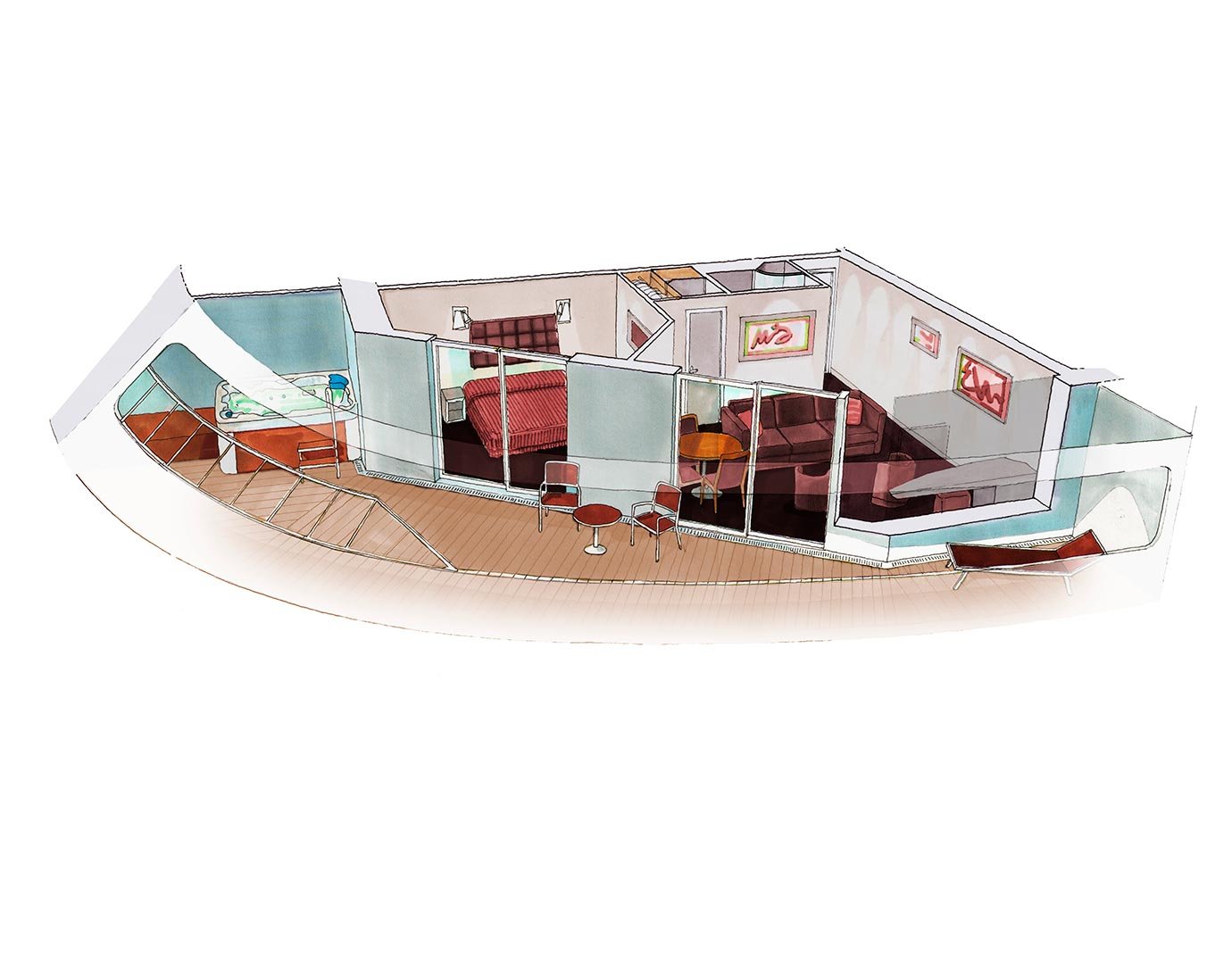 Spacious cruise suite with bedroom, living area, and balcony view | MSC Cruises