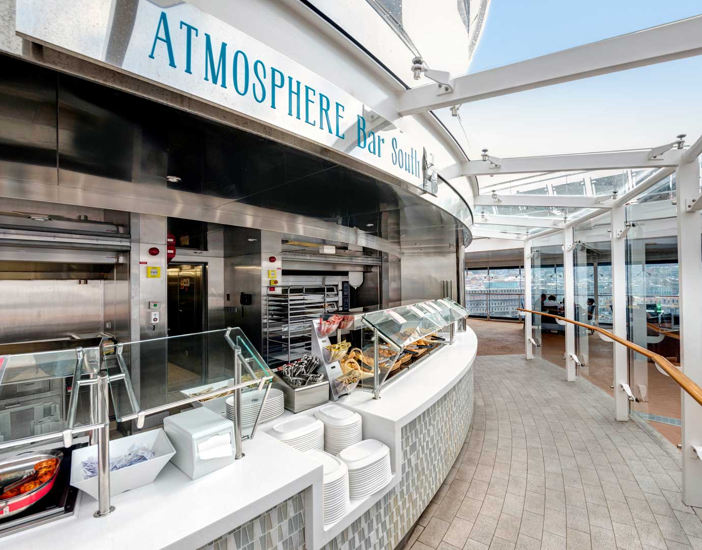 Atmosphere Bar South on an MSC cruise ship with food display and ocean views | MSC Cruises Atmosphere Bar South on an MSC cruise ship with food display and ocean views | MSC Cruises