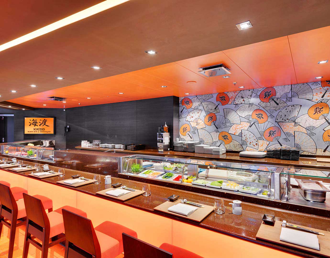 Elegant sushi bar with vibrant decor and fresh ingredients onboard | MSC Cruises Elegant sushi bar with vibrant decor and fresh ingredients onboard | MSC Cruises
