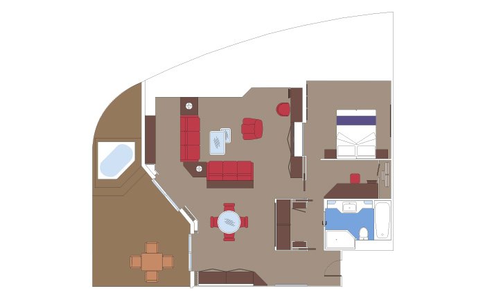 Floor plan of a spacious cruise suite with bedroom, living area, balcony, and private whirlpool | MSC Cruises Floor plan of a spacious cruise suite with bedroom, living area, balcony, and private whirlpool | MSC Cruises