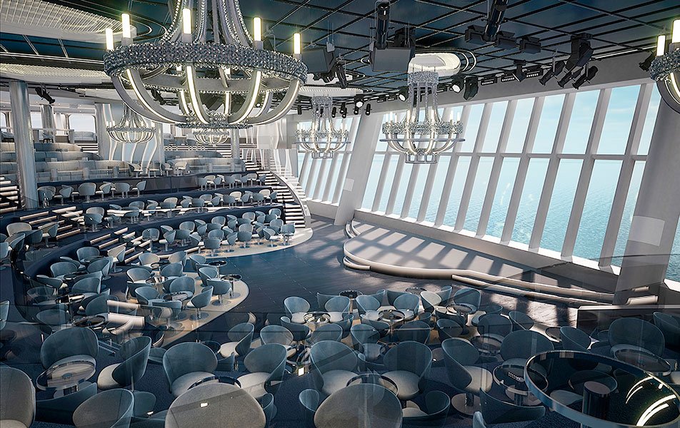 Elegant onboard theater with tiered seating, chandeliers, and ocean views through large windows | MSC Cruises Elegant onboard theater with tiered seating, chandeliers, and ocean views through large windows | MSC Cruises